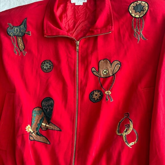 Vintage 90s Jacket by Design Rodeo Western Red Appliquéd Horses Shoulder Pads - Picture 2 of 6